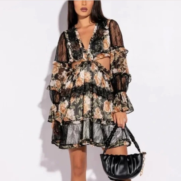 Floral Lace Detail V-Neck Tiered Cut-Out Back Zipper Mini Dress BOUTIQUE - Picture 1 of 2